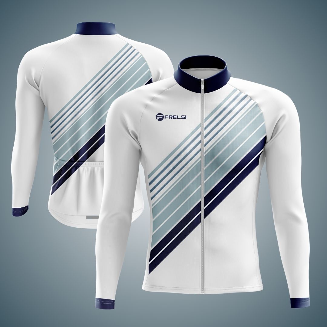 Men's Zenith Stripes Long Sleeve Cycling Jersey with sleek diagonal stripes in navy and light blue on a white base, designed for performance and style