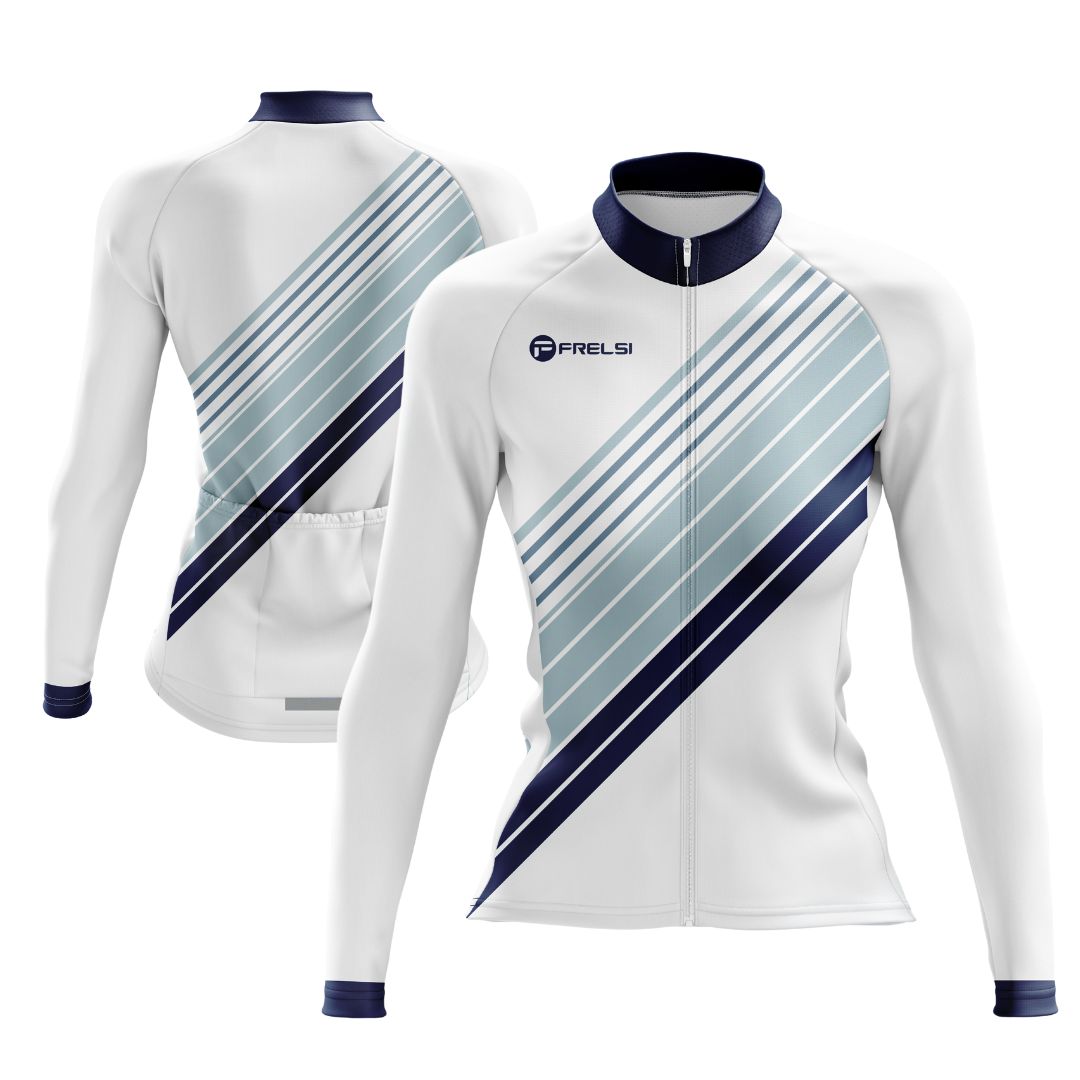 Women's Zenith Stripes Long Sleeve Cycling Jersey with elegant diagonal stripes in navy and light blue, tailored for style and performance.