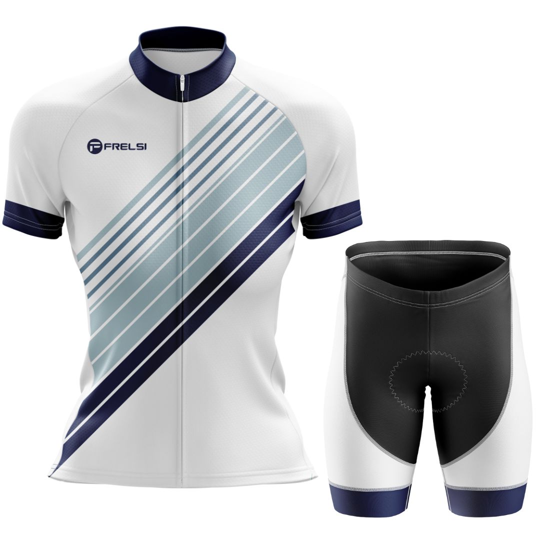 Women's short sleeve cycling kit with a sleek Zenith Stripes jersey and bib shorts, designed for comfort and speed on every ride.