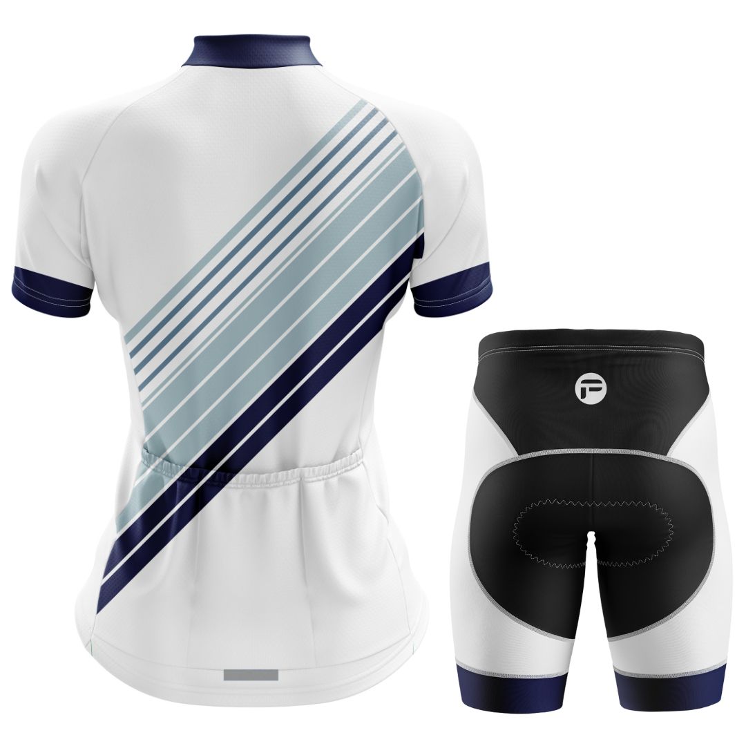 High-performance Women's cycling kit featuring a breathable short sleeve jersey with diagonal stripes and matching shorts.