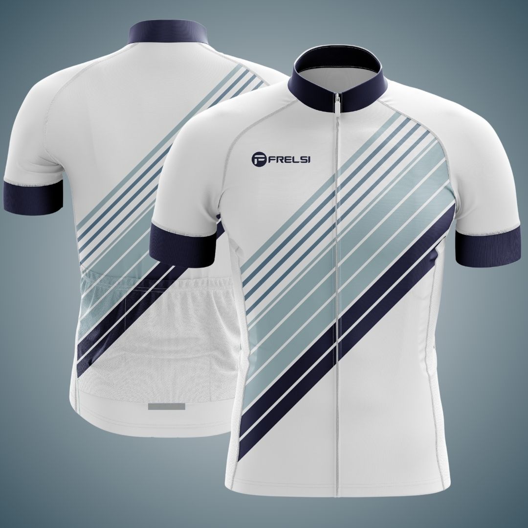 Men's Zenith Stripes Short Sleeve Cycling Jersey with sleek diagonal stripes in navy and light blue, designed for performance and style