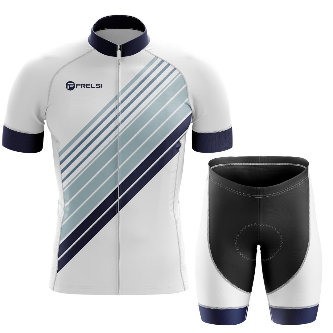 Performance-driven men's short sleeve cycling kit with a modern stripe design and comfortable bib shorts, perfect for long rides.