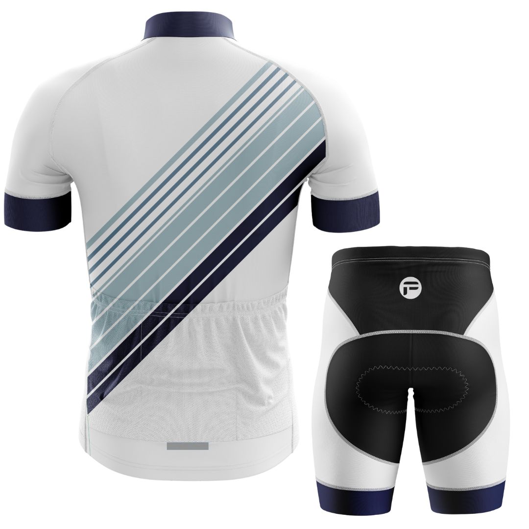 Zenith Stripes men's cycling kit, including a short sleeve jersey and bib shorts, offering breathable fabric and aerodynamic fit for optimal performance.