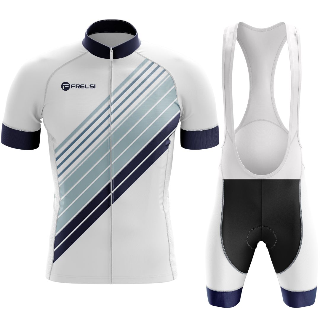 Men's cycling kit with a striking diagonal stripe jersey and supportive bib shorts, combining comfort, style, and functionality.