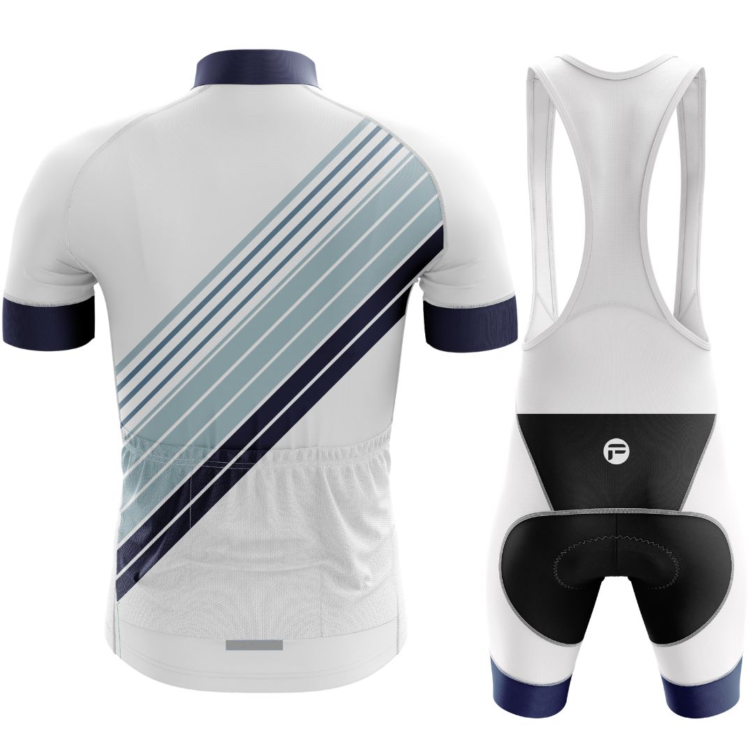 Men's short sleeve cycling kit with a sleek Zenith Stripes jersey and bib shorts, designed for comfort and speed on every ride.