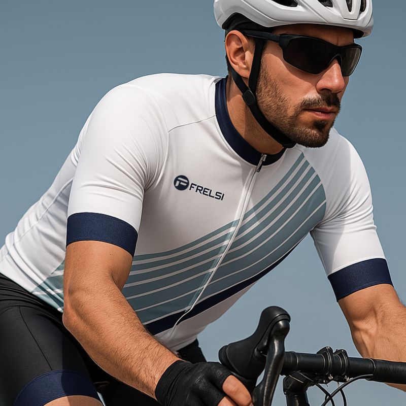 A cyclist wearing Cycling Frelsi Zenith Stripes cycling kit