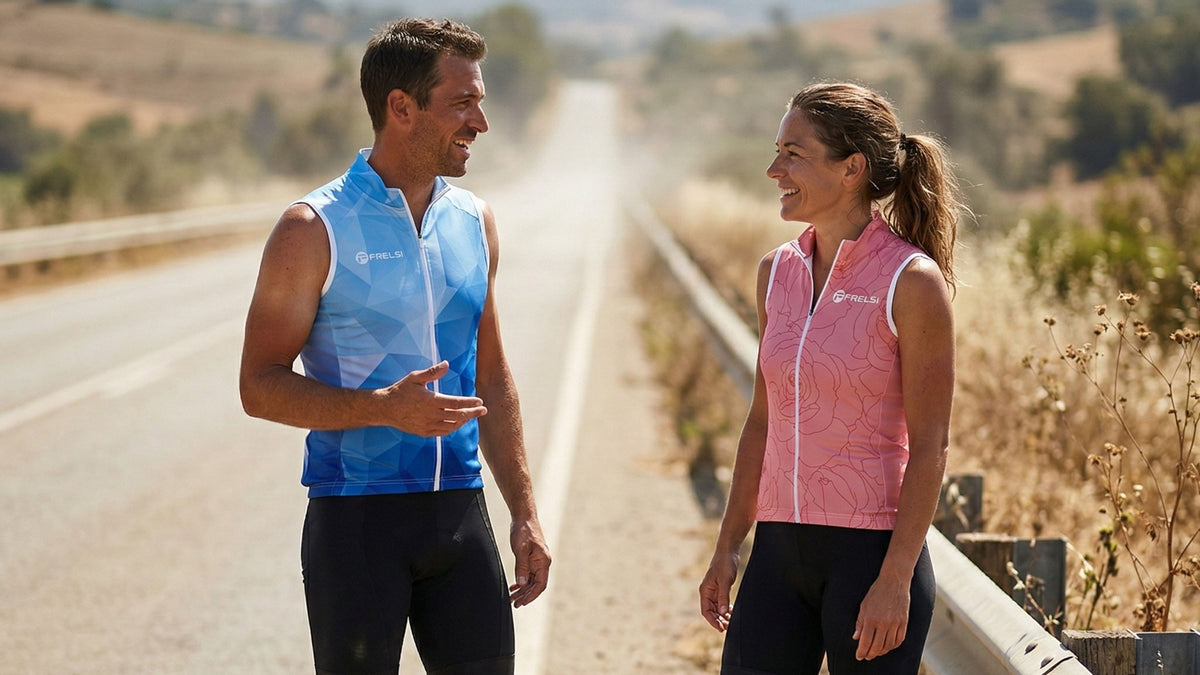 Riders in Frelsi sleeveless cycling jerseys