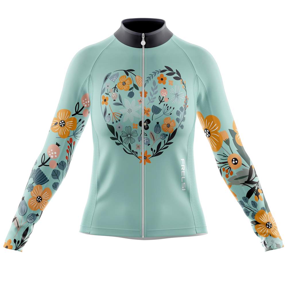 Breathable and moisture-wicking jersey with a relaxed fit, adorned with a beautiful heart made of flowers.Long-sleeve jersey with a blooming heart motif, perfect for cyclists who love nature and romance.