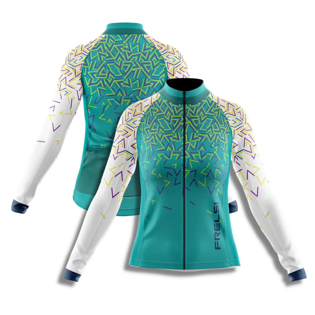 A women's long-sleeve cycling jersey with a white and turquoise geometric design.