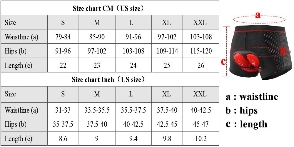 Shockproof Cycling Underwear Size Chart